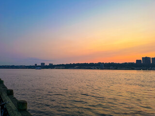 Hudson River West Harlem Piers Manhattan New York City. View of New Jersey. Sunset