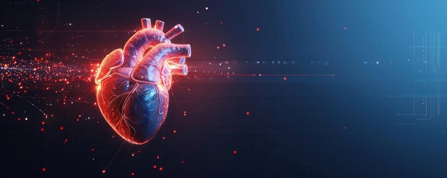 Digital heart illustration with blue and red glowing particles.