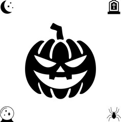 Horror and scary halloween faces silhouette icon. Halloween pumpkin, emoji and tattoo ghost smile spooky jack evil mouth eyes scary silhouette vector illustration