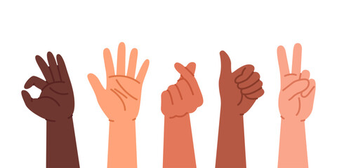 Diverse hands raising and showing positive hand gestures. Multicultural, multiethnic diversity, racial equality. Oneness and friendship.