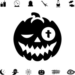 Horror and scary halloween faces silhouette icon. Halloween pumpkin, emoji and tattoo ghost smile spooky jack evil mouth eyes scary silhouette vector illustration