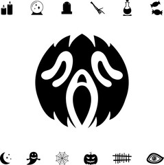 Horror and scary halloween faces silhouette icon. Halloween pumpkin, emoji and tattoo ghost smile spooky jack evil mouth eyes scary silhouette vector illustration