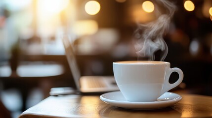 Obraz premium a cup of coffee on a table with a laptop