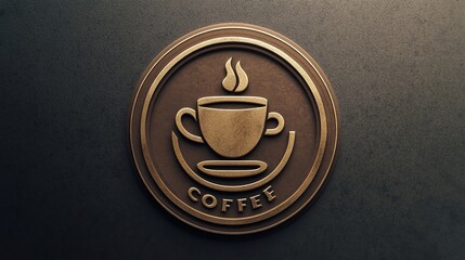 Golden coffee cup emblem with steam and "coffee" lettering on a dark textured background.