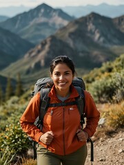 Naklejka premium Latina woman in hiking gear in a mountain setting