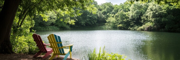 Obraz premium Two brightly colored chairs are placed by the lakeside under the shade of trees, creating a peaceful and inviting outdoor setting perfect for relaxation and reflection.