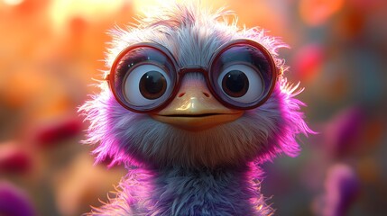 Fluffy purple bird wearing glasses with big eyes looking curious