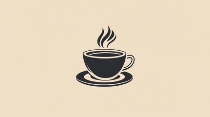 A simple silhouette of a coffee cup and saucer on a cream background.