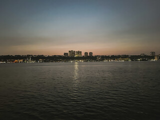 Fototapeta premium Hudson River West Harlem Piers Manhattan New York City. View of New Jersey. Night time 