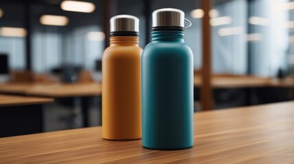 Blank blue and orange thermos bottle on wooden table with blurred office background. Tumblr bottle mockup