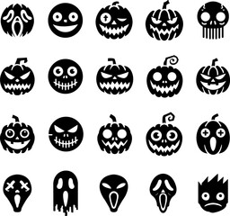 Horror and scary halloween faces silhouette icon. Halloween pumpkin, emoji and tattoo ghost smile spooky jack evil mouth eyes scary silhouette vector illustration