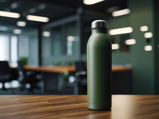 Blank green thermos bottle on wooden table with blurred office background. Tumblr bottle mockup