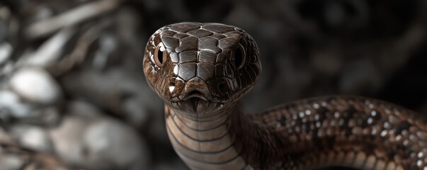 King cobra snake emerging from darkness with intense stare