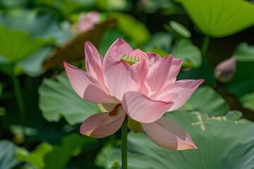 Fototapeta premium The stunning pink lotus flower is in full bloom, its delicate petals contrasting beautifully against the lush green leaves in a peaceful pond under the sun.