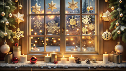 Obraz premium Holiday window with snowflakes and burning candles