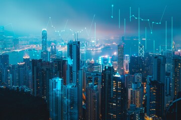 The vibrant skyline of Hong Kong lights up the night with its towering skyscrapers reflecting city life, while digital graphs overlay the scene, indicating market insights.