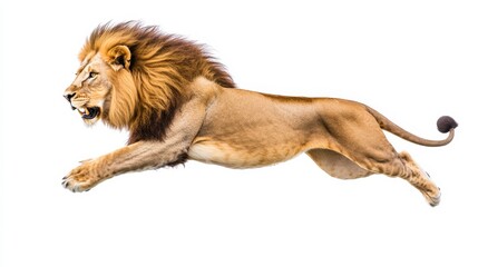 Obraz premium Powerful male lion leaping with open mouth on white background