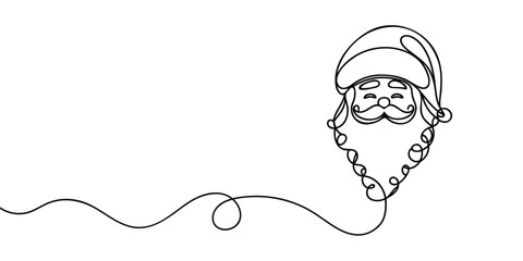 Santa Claus face. Continuous line portrait of Santa. One line Black white christmas sketch the head of Santa Claus. Happy new year