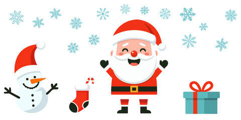 Christmas card. Funny cartoon Santa Claus. Red Santa hat. For Christmas and New Year posters, gift tags and labels