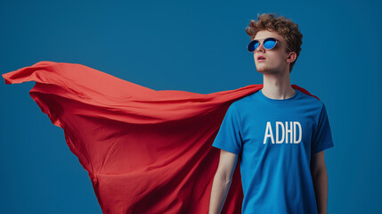 Caucasian boy standing on blue isolated background with red cape on. ADHD awareness concept