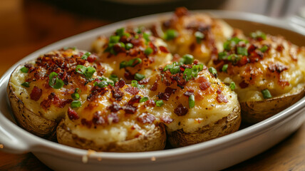 Stuffed potatoes with cheese, bacon, and green onions.