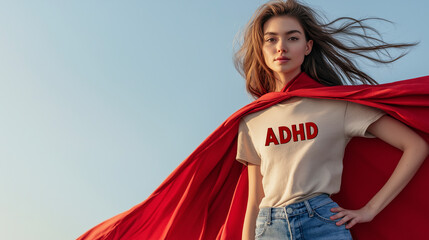 Pretty girl with red cape on blue sky background. ADHD can create its own challenges, but it has advantages too.