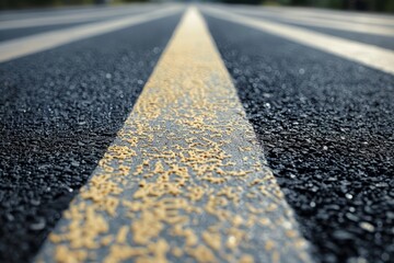 A close-up view captures the texture of a weathered asphalt road with faded yellow stripes under sunlight, showcasing signs of wear and the passage of time.