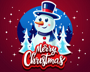 snowman in a hat and scarf on a background of a Christmas tree and snowflakes vector illustration for postcard templates with text Merry Christmas
