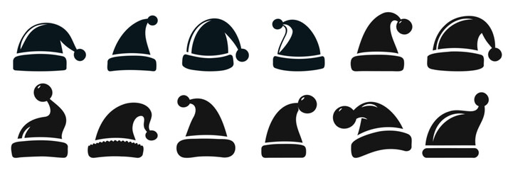 Silhouette set of black santa hats. New Year black hat