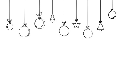 Round Christmas balls hanging from the ceiling linear drawing