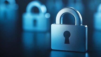 Fototapeta premium A close-up of a shiny metal padlock, symbolizing security and protection against digital threats, set against a blue background.