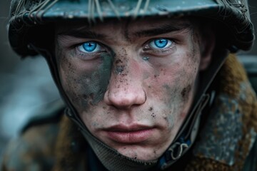 Obraz premium A young soldier gazes intently with blue eyes, his face smeared with dirt and grime, embodying the harsh realities of war in a challenging setting.