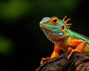 Obraz premium Colorful lizard perched on a log, showcasing vibrant scales and detailed features in a natural setting.