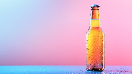 Glass bottle of beer covered with condensation on a vibrant background