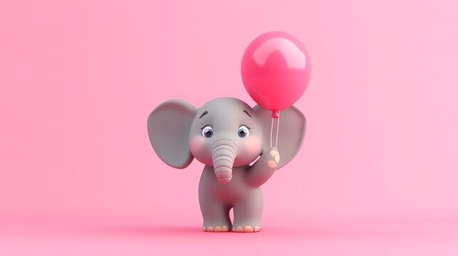 A cute cartoon elephant holds a pink balloon on a pink background.