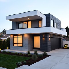 Modern architecture featuring a stylish, two-story house with clean lines and large windows, set in an inviting outdoor space.