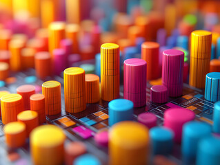 Obraz premium Abstract colorful cylinders on a grid background.