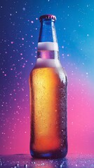 Wet glass beer bottle standing on colorful background with water droplets