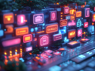 Obraz premium Abstract digital city with glowing neon icons representing online services and apps.