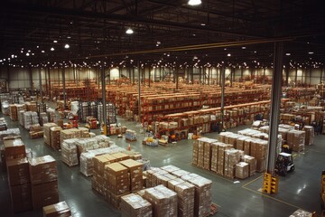 Expansive industrial warehouse showcasing high shelves, equipment, and dynamic packaging solutions