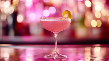 Pink cocktail standing on bar with sparkling lights in background