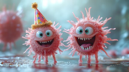 Two funny pink microbes celebrating with big smiles and party hat