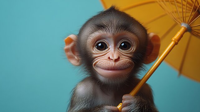 Baby monkey smiling and holding a yellow umbrella