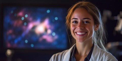 Smiling woman in a lab coat stands confidently in front of a mesmerizing cosmic background. A blend of science and curiosity. Perfect for educational and inspirational themes. AI.
