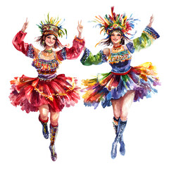 Fototapeta premium Watercolor Illustration of Two Women in Traditional Colorful Costumes Dancing