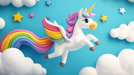 Cute cartoon unicorn with rainbow wings and tail flying in the sky.