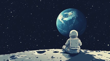 Obraz premium A lone astronaut sits on the moon looking at the earth in the distance.
