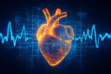 Glowing digital heart with data lines in a futuristic environment representing the intersection of cardiology heart health and the role of technology in cardiovascular diagnostics
