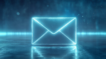 Glowing neon digital envelope symbol in a futuristic setting.