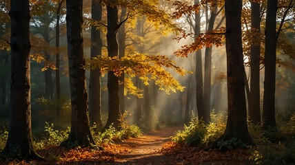 Jesienny Las z Światłem Słońca padającym na Ścieżkę